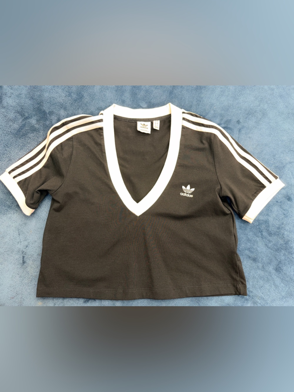 adidas Black V-Neck Tee with White Stripes